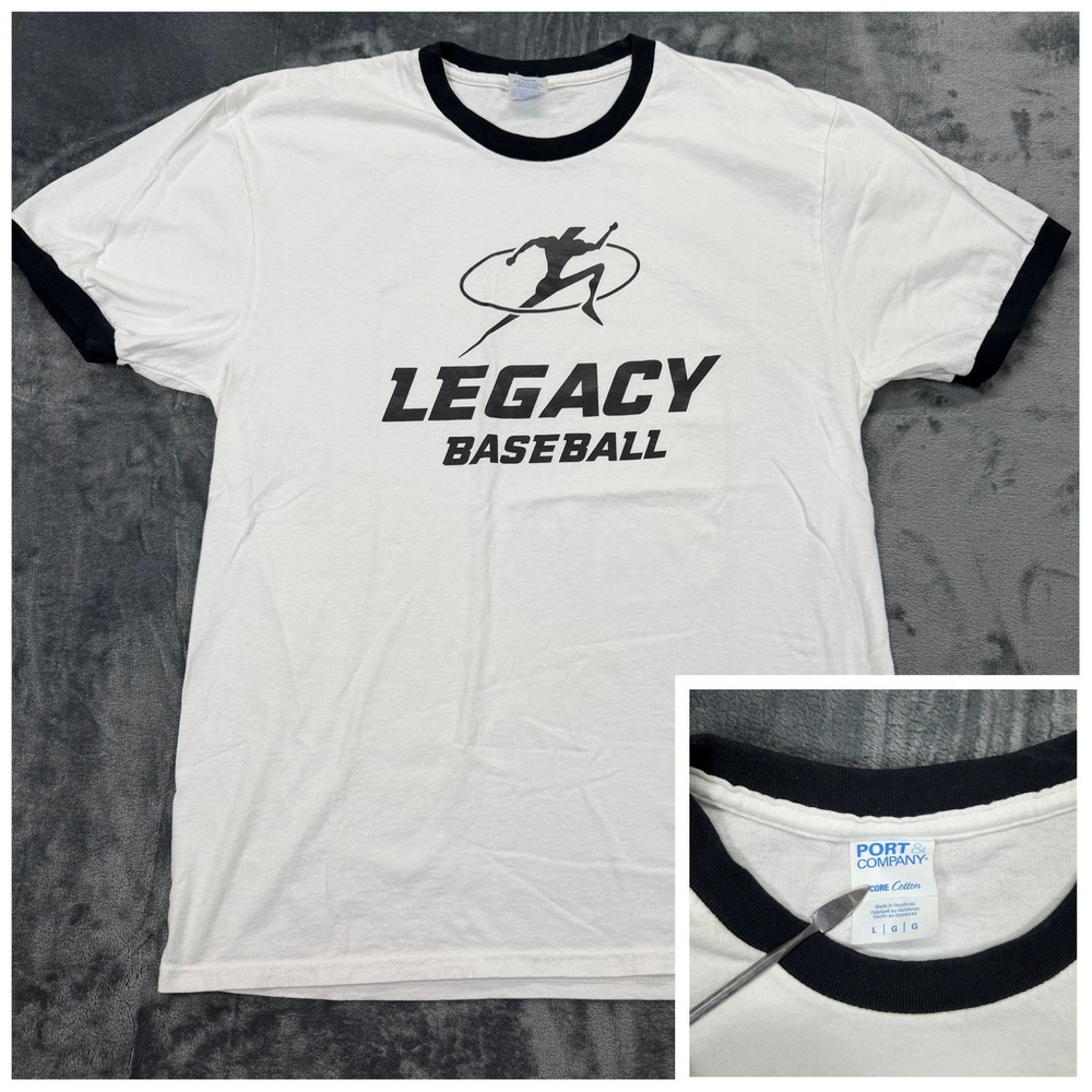 Port‎ & Company Legacy Baseball Ringer Graphic T-Shirt Mens Large White Black